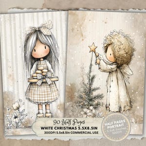 May include: A digital art print featuring two illustrations. One shows a girl holding a tray of pastries, the other an angel decorating a Christmas tree. The text "WHITE CHRISTMAS 5.5X8.5IN" is visible.