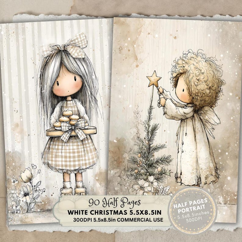 May include: A digital art print featuring two illustrations. One shows a girl holding a tray of pastries, the other an angel decorating a Christmas tree. The text "WHITE CHRISTMAS 5.5X8.5IN" is visible.
