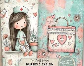 Puede incluir: Ilustración en acuarela de una enfermera con uniforme azul claro y gorro con una cruz roja. La imagen incluye un maletín médico rosa, corazones, flores y el texto "Nurses 14 x 21.6 cm".