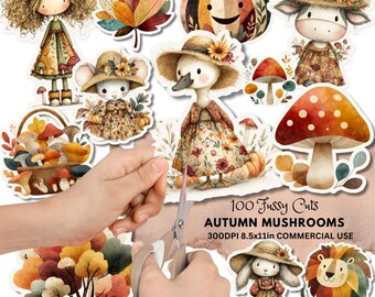 Autumn Mushroom Fussy Cuts Kit: Fall Digital Pages for Printable Scrapbooking (Digital Download)