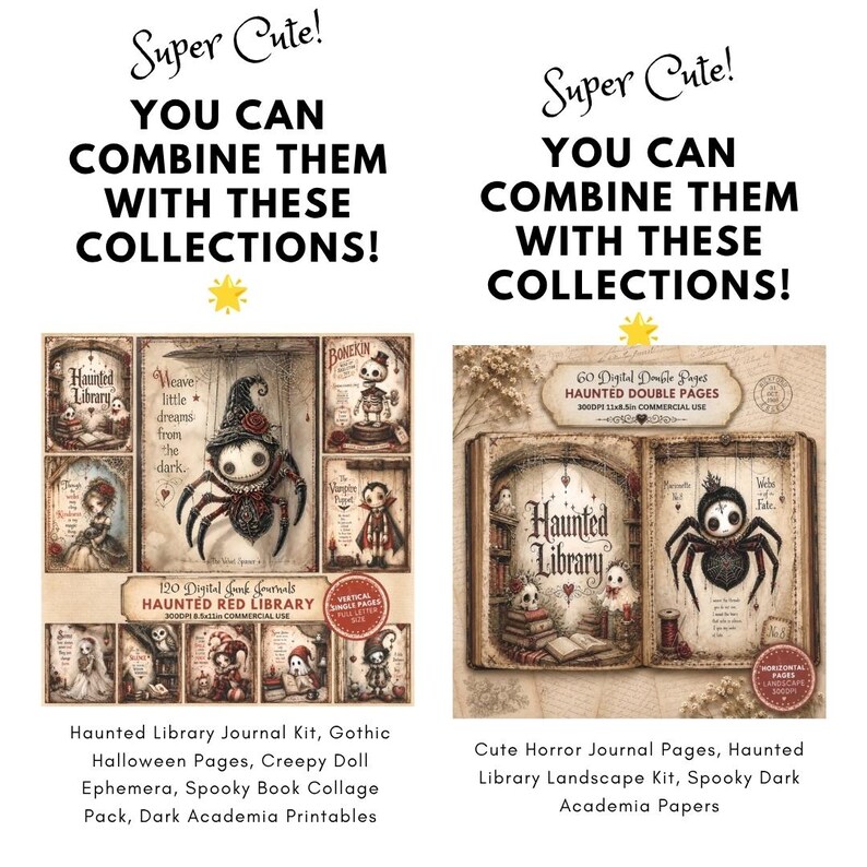 Puede incluir: Dos kits de diarios digitales titulados Haunted Red Library y Haunted Double Pages. Las im&aacute;genes presentan ilustraciones de ara&ntilde;as, esqueletos y mu&ntilde;ecas en una est&eacute;tica oscura con texto. Los kits incluyen 120 p&aacute;ginas verticales y 60 p&aacute;ginas horizontales.