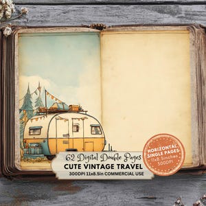 Peut inclure: Un camping-car vintage jaune et bleu avec une tente sur le toit, entour&eacute; d'arbres et de drapeaux. L'image fait partie d'un ensemble de 62 pages doubles num&eacute;riques, 11x8,5 pouces, 300 DPI, pour un usage commercial.