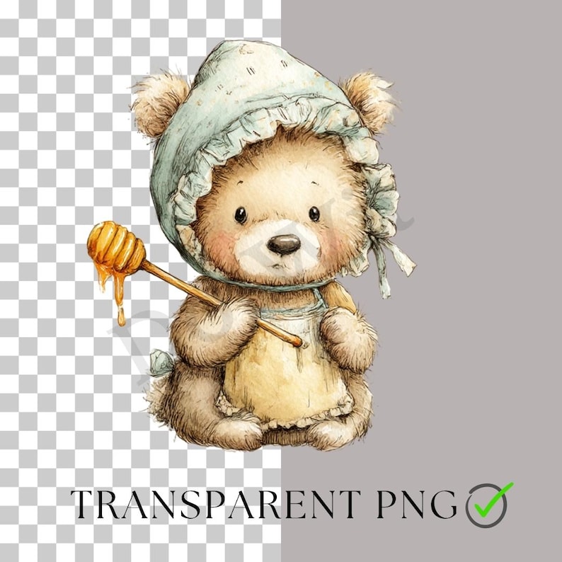 Puede incluir: Ilustraci&oacute;n en acuarela de un oso de peluche con un gorro y un delantal, sosteniendo un cuchar&oacute;n de miel con miel goteando. El oso tiene una expresi&oacute;n dulce y est&aacute; en formato PNG transparente. El texto "TRANSPARENT PNG" est&aacute; en la parte inferior.