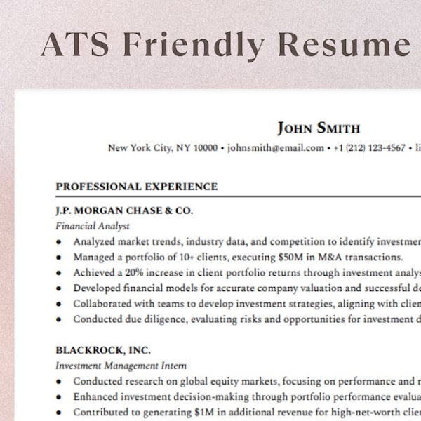 Modern Financial Analyst Resume Template | ATS Friendly for College Grads, Finance Professionals, Investment Banking Resume