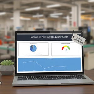Könnte beinhalten: Ein Laptop, ein Tablet und ein Smartphone zeigen Datendiagramme auf einem Holzschreibtisch. Eine Kaffeetasse, eine kleine Pflanze und ein Notizblock mit Stift sind ebenfalls vorhanden. Der Laptop-Bildschirm hat ein Etikett mit der Aufschrift "Etsy Download".