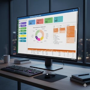 May include: A computer monitor displaying a business dashboard with charts and data. The screen shows task distribution, progress, and open tasks. A keyboard, mouse, and coffee cup are on the wooden desk. The date on the screen is Wednesday, January 26, 2026.