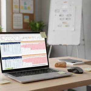 May include: A laptop showing a spreadsheet is on a wooden desk, with a white mug, a pen, and a computer mouse. A cork and a smartphone are also on the desk. The background includes a window with plants and a whiteboard.
