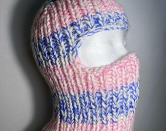 Cashmere and silk balaclava / cashmere and silk ski mask / cashmere and silk balaclava hat / cashmere balaclava with light blue pink stripes