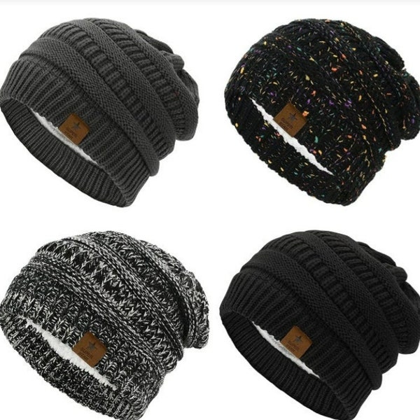 Winter Thick Solid Fleece Lined Beanies for Women Men Unisex