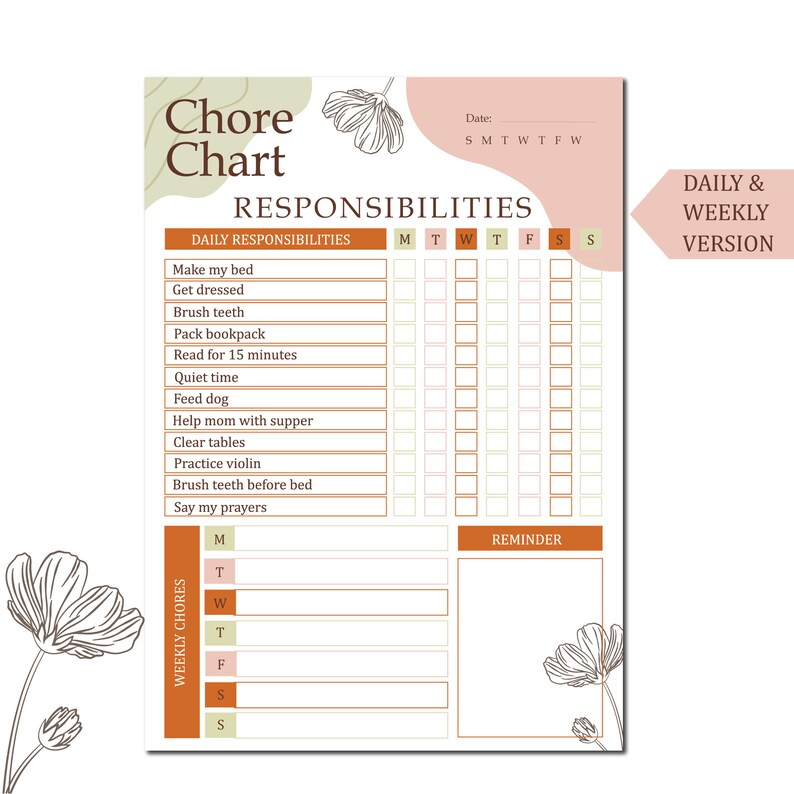 Editable Daily Chore Chart Printable Chore Chart A4 A5 - Etsy