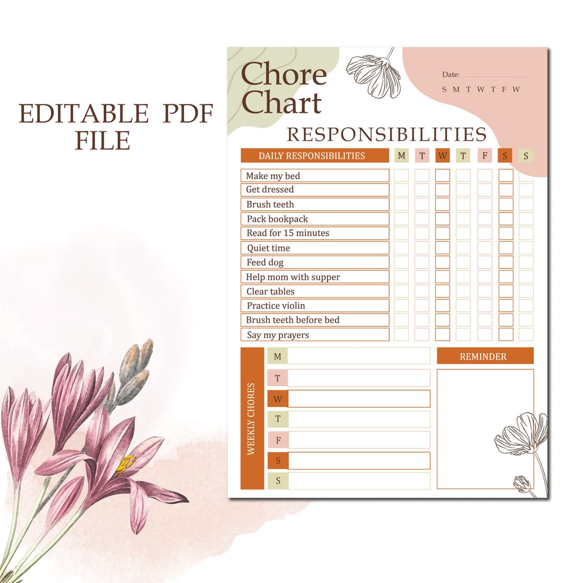 Editable Daily Chore Chart Printable Chore Chart A4 A5 - Etsy