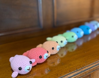 Rainbow Baby Seals: crocheted, handmade, lavender scented amigurumi toys and keyrings