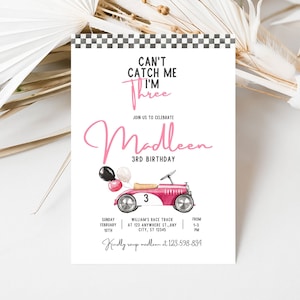 Invitation modifiable pour le 3e anniversaire de voiture de course, je ne peux pas m&#39;attraper, j&#39;ai trois ans, voiture de course pour le 3e anniversaire de fête d&#39;anniversaire à téléchargement immédiat sur modèle Canva