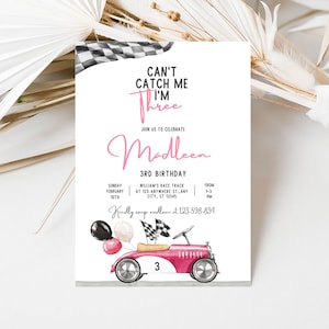 Invitation modifiable pour le 3e anniversaire de voiture de course, je ne peux pas m&#39;attraper, j&#39;ai trois ans, voiture de course pour le 3e anniversaire de fête d&#39;anniversaire à téléchargement immédiat sur modèle Canva