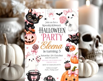 Pink Halloween Invitation, Cute Spooky Girl Party Invite, Ghost Pumpkin Cat Birthday Canva Template Editable