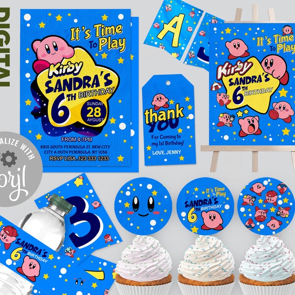 Printable kirby birthday party invitations - Etsy México