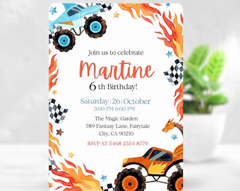 Monster Truck Birthday Invitation Editable Canva, Boys Truck Party Invite, any age Birthday Invite, Racing Birthday Template,