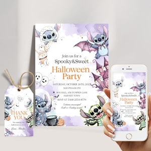 Faire-part d'Halloween pour les filles au point de couture, invitation de fête mignon pastel fantasmagorique, anniversaire d'enfants modifiable, modèle de toile imprimable en téléchargement numérique
