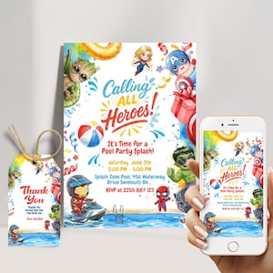 Uitnodiging voor poolparty: Calling All Heroes | Chibi Avengers zomerverjaardagsuitnodiging met Spider-Man en vrienden | Bewerkbare digitale download