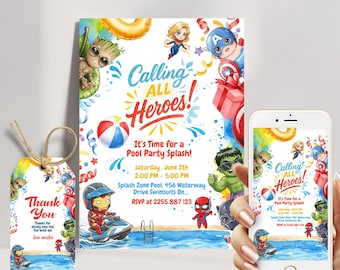 Chibi Avengers Pool Party Invitation: Editable Summer Birthday (Digital Download)
