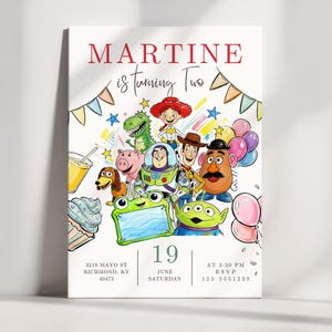 May include: A birthday invitation card featuring the text MARTINE is turning Two, 19 June Saturday, and address details. The illustration includes colorful cartoon characters, a cupcake, balloons, and bunting flags on a white background.