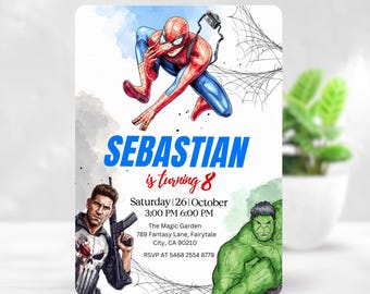 Spider-Man Birthday Invitation, Web Hero 8th Birthday Invite, Comic Book Action Heroes Party, Editable Canva Template 2026