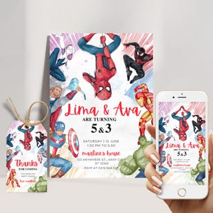 Gemeinsame Superhelden-Geburtstags-Einladung für Zwillinge, Spiderman und Avengers Party einladen, bearbeitbarer Sibling Super Hero Digital Download