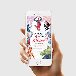 K&ouml;nnte beinhalten: Eine digitale Einladung zu einer Superhelden-Geburtstagsparty. Die Einladung zeigt einen bunten Aquarellhintergrund mit Bildern beliebter Superhelden, darunter Spider-Man, Iron Man, Captain America und Hulk. Der Text lautet "Ready 4 Action Oliver is turning 4 Saturday 12 June 8:30 PM Martino's House 123 Anywhere St, Any City, ST 12345 Add the Address RSVP at 0215 500 507".