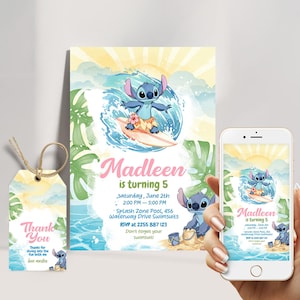 Invitación a fiesta en la piscina con acuarela para niñas con etiquetas de agradecimiento e invitación para teléfono. Plantilla Canva para cumpleaños en la playa de verano, descarga instantánea.