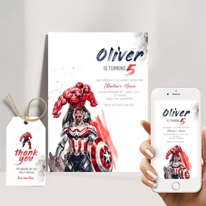Modello modificabile di invito di compleanno di Capitan America Canva, invito di supereroi download istantaneo digitale, invito di compleanno di Avengers