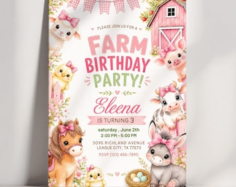 Farm Animal Birthday Invitation for Girls, Pink Barnyard Birthday Invite, Editable Farm Party Invitation