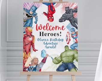 Letrero de bienvenida de superhéroe: Decoración para fiesta de cumpleaños de los Vengadores (Plantilla de Canva, descarga digital, 40,6 x 50,8 cm)
