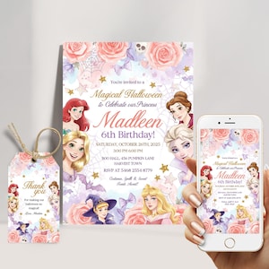 Convite de aniversário de todas as princesas com tema de Halloween, modelo editável, convite digital para princesa, cartão de convite de Halloween para download instantâneo