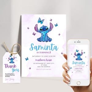 Modello di invito di compleanno Stitch modificabile + tag + versione invito mobile, modello di invito digitale per feste per bambini, invito per ragazzi e ragazze