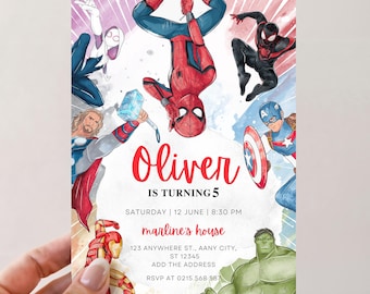 Plantilla editable de invitación de cumpleaños de superhéroes, invitación digital de superhéroes de los Vengadores, descarga instantánea de tarjeta de invitación de superhéroes