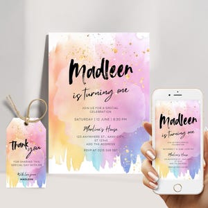 Rainbow Birthday Invitation Colorful Watercolor Gold Glitter Sprinkles Ombre Pastel Invitation 1st 2nd 3rd Birthday Editable Invite EPD03