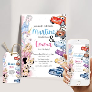 Cars and Princesses Birthday Invitation, Kids Joint Party invite Template, Digital Download & Thank You Tag, Sibling Birthday