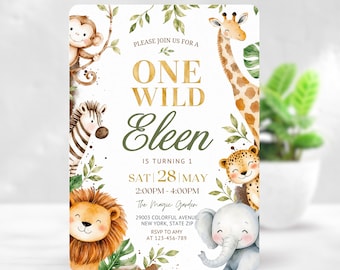 One Wild Birthday Invitation, Safari First Birthday Invite, Editable Jungle Animal Birthday Invitation, Canva Template