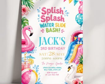 Water Slide Birthday Invitation, Splish Splash Pool Party Invite, Summer Water Birthday Party, Flamingo Birthday Invitation