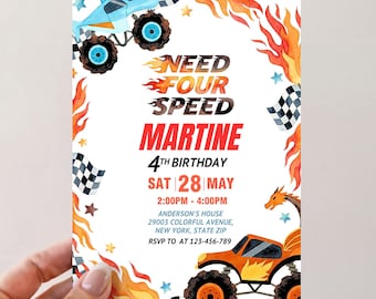 Need Four Speed Birthday Invitation Editable Canva, Monster Truck 4th Birthday Invite, Boys Racing Party Template,