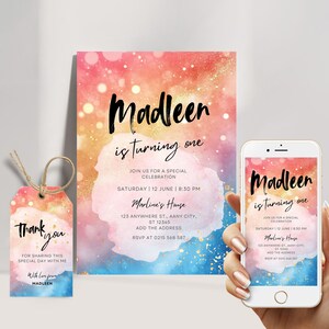 Rainbow Birthday Invitation Colorful Watercolor Gold Glitter Sprinkles Ombre Pastel Invitation 1st 2nd 3rd Birthday Editable Invite EPD03