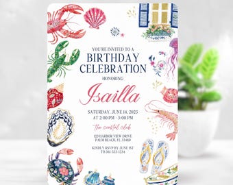 Coastal Birthday Invitation, Lobster Birthday Invite, Seafood Party Invitation, Beach Birthday, Watercolor Nautical Celebration