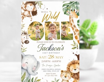 Wild One Photo Birthday Invitation, Safari First Birthday Invite, Editable Jungle Photo Invitation, Canva Template