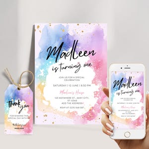 Rainbow Birthday Invitation Colorful Watercolor Gold Glitter Sprinkles Ombre Pastel Invitation 1st 2nd 3rd Birthday Editable Invite