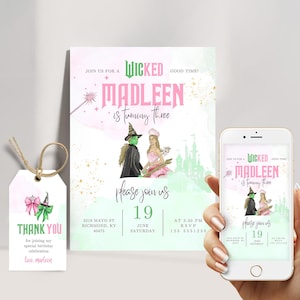Invitation de fête d'anniversaire méchante modifiable | Invitation à une fête Wicked | Invitation film inspirée de WICKED | Thème Elphaba et Glinda | Invitation à une soirée cinéma