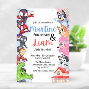 May include: A birthday party invitation featuring cartoon characters and the text "Martine 6th Birthday! & Liam 5th Birthday!" The invitation includes the date, time, and location: "The Magic Garden, Fairytale City, CA".