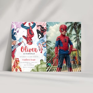Superheld Geburtstagseinladung mit Foto Vorlage, Avengers Superheld digitale Einladung, Superheld Einladungskarte Sofort-Download EPD04