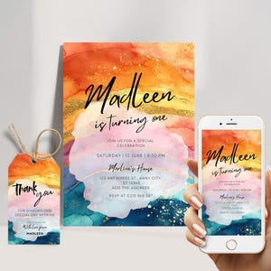 Rainbow Birthday Invitation Colorful Watercolor Gold Glitter Sprinkles Ombre Pastel Invitation 1st 2nd 3rd Birthday Editable Invite