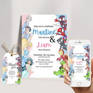 Princess and Spidey Joint Birthday Invitation, Editable Sibling Party Template for Canva, Boy Girl Digital Download, Thank You Tags