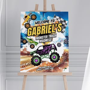 Monster Truck Birthday  Welcome Sign 16 x 20&quot; - Monster Truck Birthday Party Decorations Canva Template - Digital Download EPD01